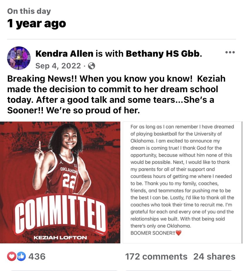 We took this picture claiming OU for her. She sat on this grass and talked about her future here. 7 years later on the exact same day she committed. God is good!