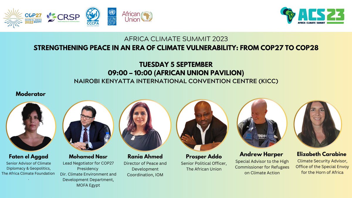 ❗️❗️#ComingUp: #CCCPA & @AUC_PAPS side-event “Strengthening #Peace in an Era of #Climate Vulnerability: From #COP27 to #COP28” with great speakers tomorrow 9-10 am, #ACS23 #AU Pavilion 🌱
