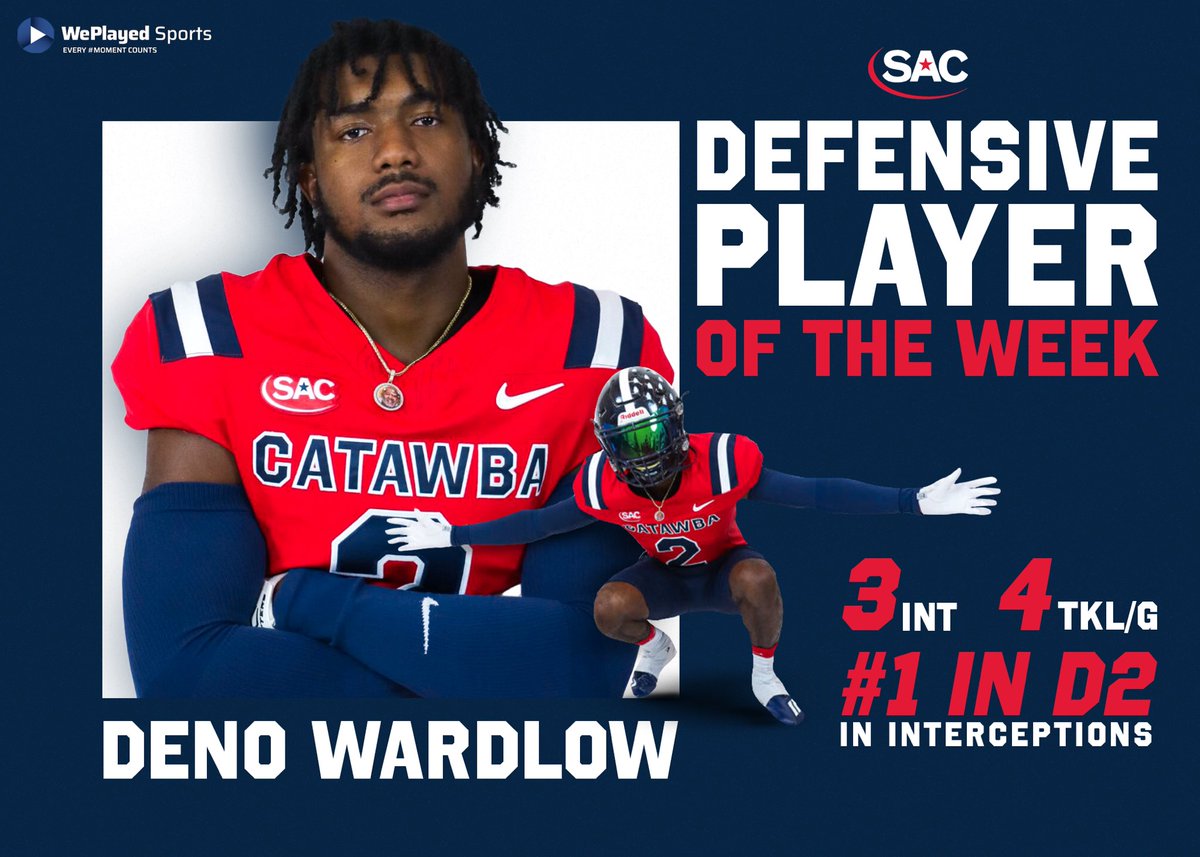DENO WARDLOW HAS BEEN NAMED THE WePlayed Sports SAC DEFENSIVE PLAYER OF THE WEEK‼️
.
Wardlow leads the country in interceptions and tied our programs record with 3️⃣ interceptions against ECSU
#bleedblue | #catawbaculture