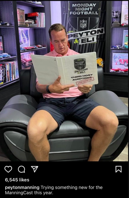 NFL_DovKleiman's tweet photo. Peyton Manning says the ManningCast is adding a third host to join the show this season in addition to himself and Eli.

Who do you think will be the best fit as host on the show? https://t.co/RUchB6WSED