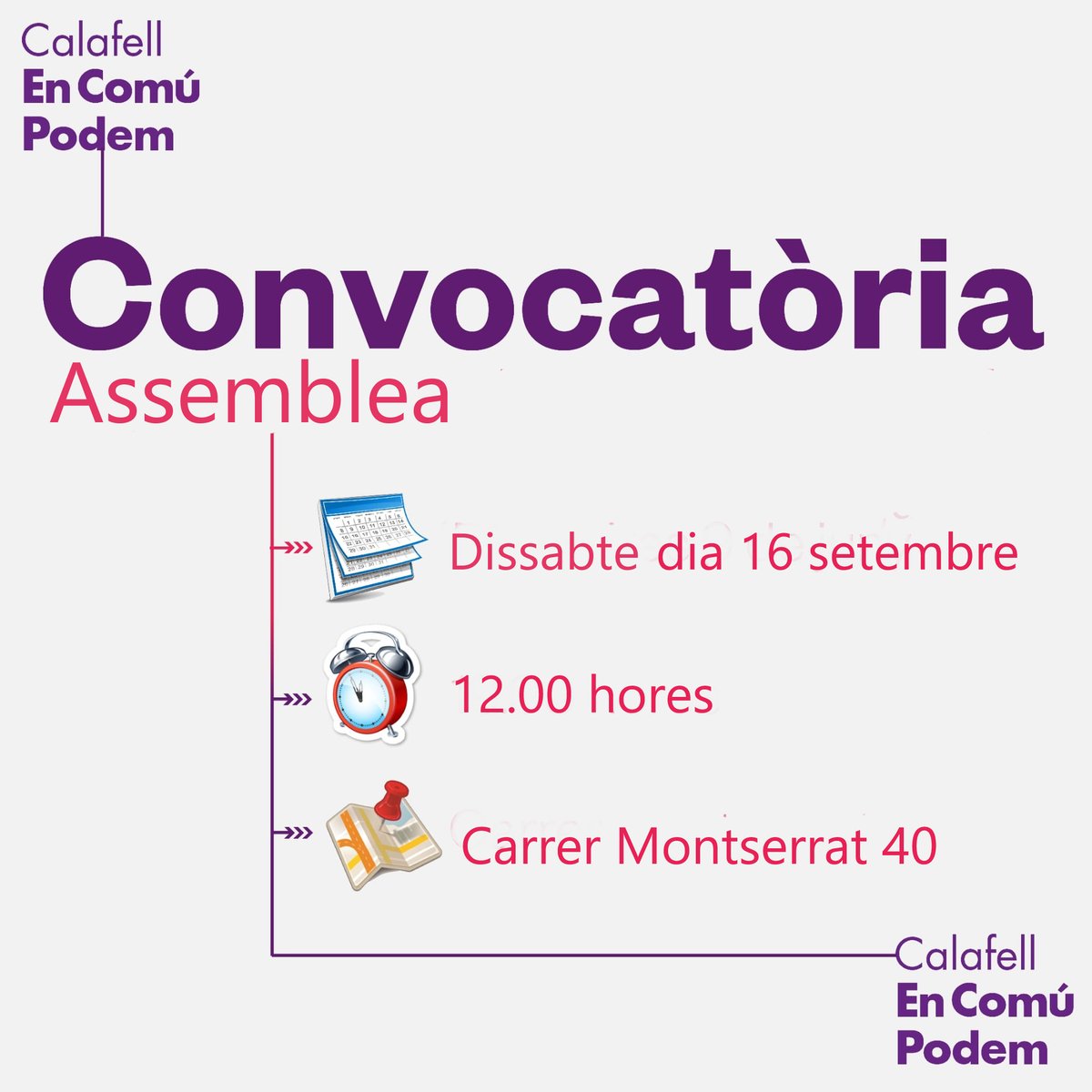 Dissabte 16 de setembre us esperem a l'assemblea d'En Comú Podem Calafell per començar el curs polític! 💚
A les 12 a la seu de Montserrat 40, Calafell platja. 
Fins llavors! 🌻