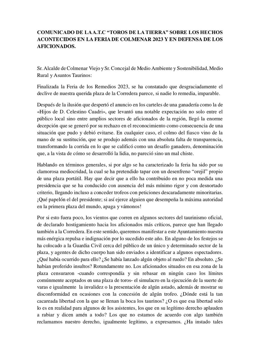 TorosDeLaTierra's tweet photo. 🚨Comunicado Oficial🚨

Denunciamos algunos hechos acontecidos en la feria de los Remedios 2023 y en defensa de los aficionados. https://t.co/G4B36wklXd