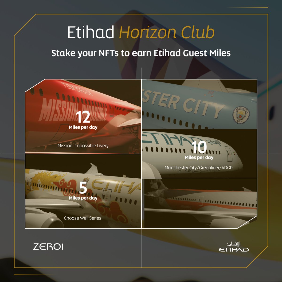 EtihadNFT's tweet photo. Holders, exciting news!

We're thrilled to update you on the progress of our Etihad Horizon Club.

Here are the confirmed Miles rewards:

Choose Well Editions: 5 Miles / day
Special Editions (Man City, ADGP &amp; Greenliner): 10 Miles / day
Mission Impossible Livery: 12 Miles / day https://t.co/Tp1ZqiG66p