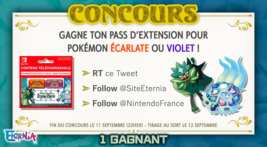 SiteEternia's tweet photo. 🎁CONCOURS✨
Le Volume 1 du DLC #LeTresorEnfouiDeLaZoneZero arrive bientôt ! Tente de gagner ton pass d'extension pour #PokémonEcarlateViolet sur #NintendoSwitch !

👉 RT ce Tweet
👉 Follow @SiteEternia et @NintendoFrance 

🗓️ Fin le 11/09 à 23h59, TaS le 12/09
🏅1 gagnant https://t.co/gCV1amc1oD