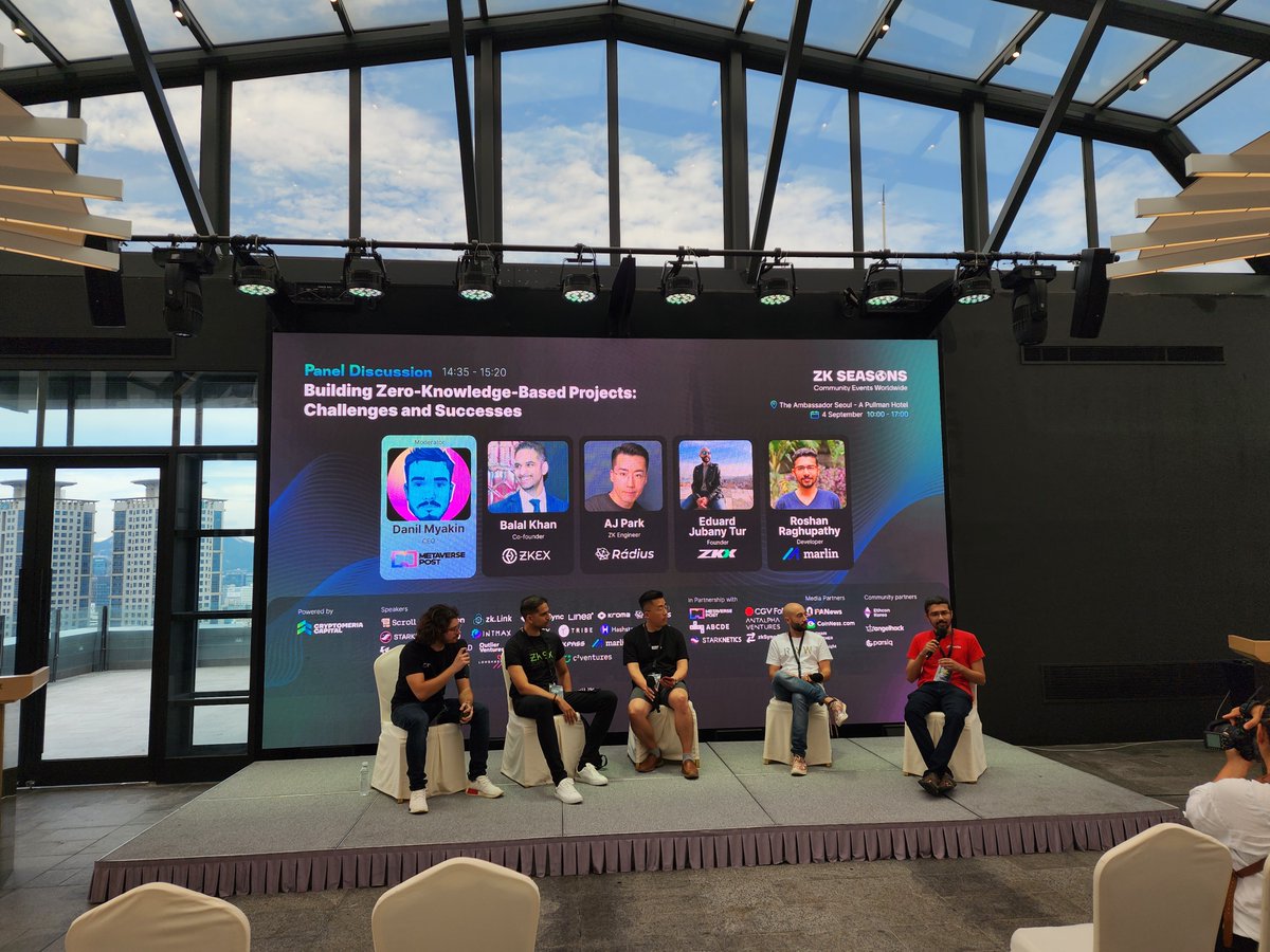 MarlinProtocol's tweet photo. Had a great time chatting with fellow ZK builders from @ZKEX_Official @radius_xyz and @zkxprotocol about the challenges &amp; successes in the space, what we're looking forward to, and our proof marketplace.

#MarlinInSeoul https://t.co/Sx34LFSDaM