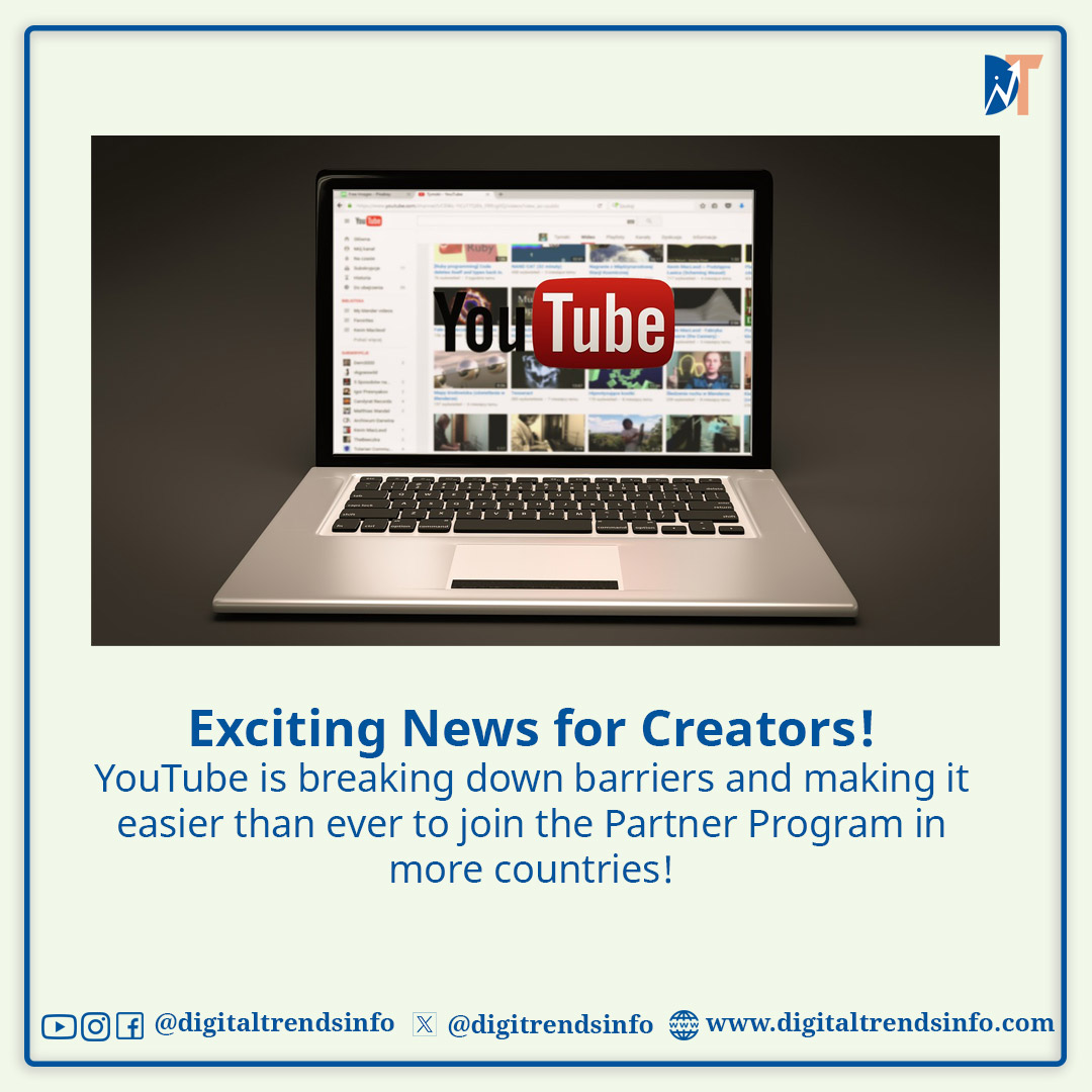 digitrendsinfo's tweet photo. ��� Exciting News for Creators Worldwide! 🌍🎉

YouTube is breaking down barriers and opening doors to the Partner Program for creators around the globe. 🚀 Now, it's easier than ever to turn your passion into profit! 💰
#DigitalTrendsInfo https://t.co/ClYmqlPzup