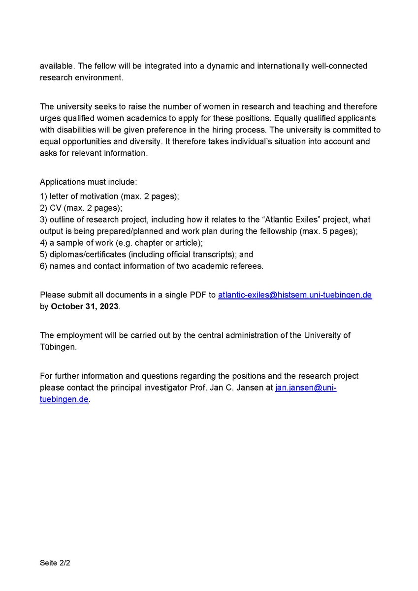 📢 The call for our "Atlantic Exiles" #fellowship program is out. Fellowships intended to support advanced #PhD and #postdoctoral scholars pursue research and publish output in line with Atlantic Exiles’s objectives. Join us for 6-12 months. Deadline: October 31, 2023! Infos👇