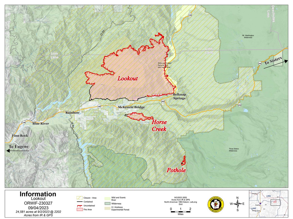 willametteNF's tweet photo. Sept 4 Update 
Total Personnel: 983 
Resources: 57 engines l 19 crews l 12 bulldozers l 42 water tenders l 11 masticators l 6 helicopters l 6 skidder 
#LookoutFire
24,581 acres   
Containment 20% 
#HorseCreekFire  
765 acres 
Containment 12% 
#PotholeFire
109 ac 
Containment 15% https://t.co/cvQXpMs9vH