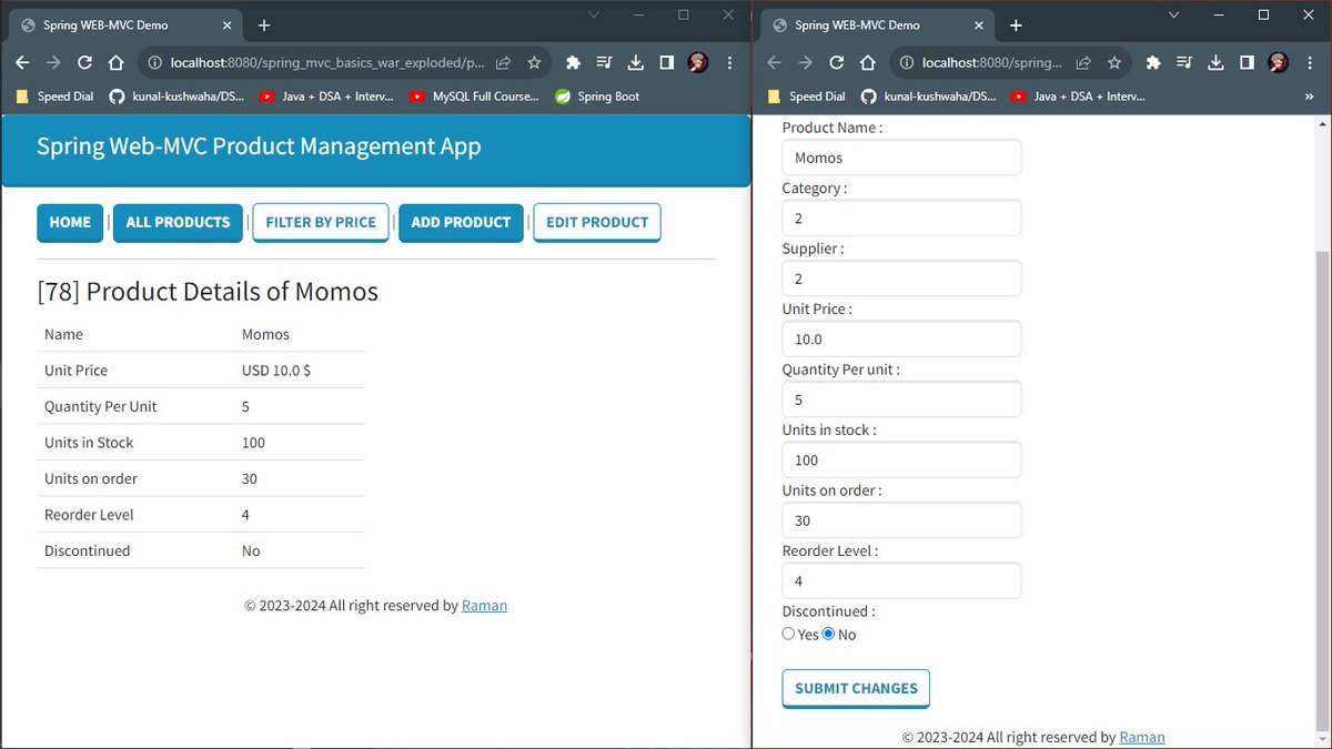 ra_man_kumar's tweet image. 🌱 Web App Upgrade: Introducing Edit Feature! 🚀
Today, my web app gets an upgrade:
✏️ Edit Option: On the product details page, you&apos;ll now spot an Edit feature. The best part? It uses the same form as adding, making editing a breeze!
#java #springmvc #learninginpublic