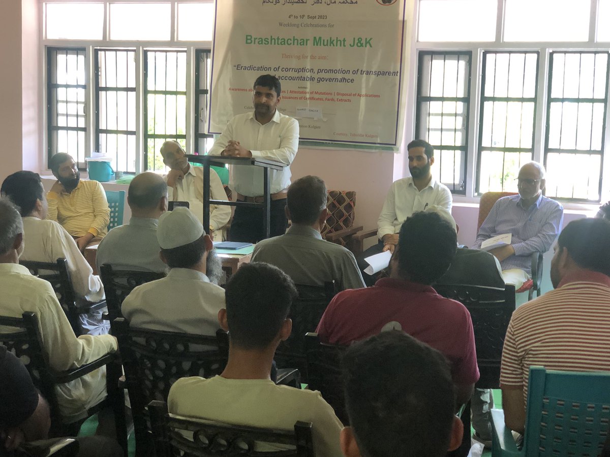 TehsildarKulgam's tweet photo. Starting weeklong celebrations for 'Brashtachar Mukht J&amp;K' today, many village level camps held in Tehsil Kulgam. 

#corruptionfreeJK 

@revenuejnk @DrBilalbhatIAS 
@diprjk @DcKulgam @DioKulgam https://t.co/0f7Hq25JX3