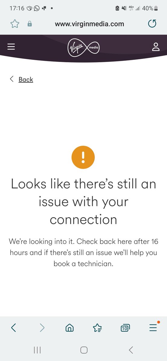 brendanramage's tweet photo. @virginmedia internet been down almost all day. Earlier check said an intermittent fault. Check again there and it says to wait 16hrs for another update. That's quite a wait! https://t.co/XztgxUwX6C
