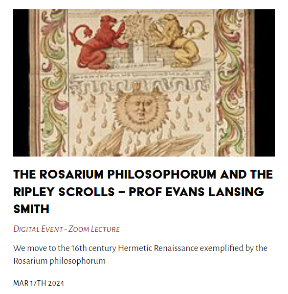 Tonight's Lecture - The Rosarium Philosophorum and the Ripley Scrolls - Prof Evans Lansing Smith #Rosarium #Philosophorum #RipleyScrolls #EvansLansingSmith thelasttuesdaysociety.org/event/the-rosa…