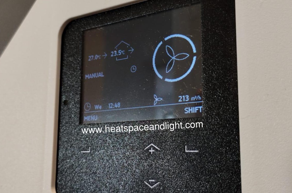 HeatSpaceLight's tweet photo. #MVHR we commissioned is drawing in fresh air at 27 DegC (hot) &amp; using the home's outgoing waste air to cool it to 23.5 DegC. It's a summer COOL exchanger rather than HEAT exchanger. Only energy usage are the MVHR fans (27W). No active cooling: all passive #newbuild #overheating https://t.co/8ETKxyL9BZ