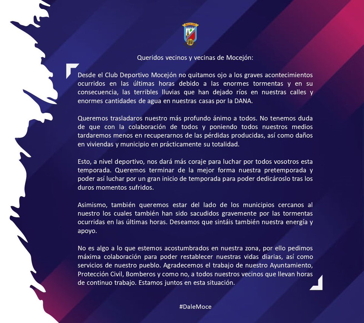 🔴 COMUNICADO OFICIAL | Muestra de apoyo del <a href="/CD_Mocejon/">CD MOCEJÓN</a> tras las consecuencias de la DANA en nuestro municipio.

¡Estamos con todos vosotros, vecinos y vecinas!

Juntos en estos difíciles momentos para todos.