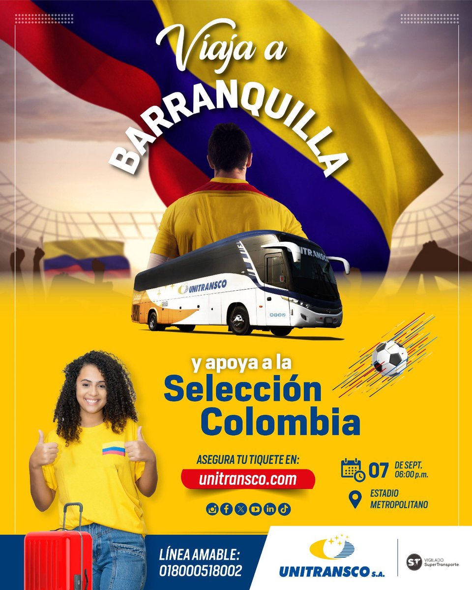 🇨🇴Los termómetros indican fiebre amarilla⚽

#Unitransco 💛💙te lleva a #Barranquilla a vivir la fiesta del fútbol. Comienzan las eliminatorias rumbo al #Mundial2026.