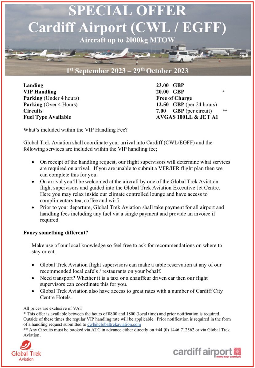 With some beautiful WX forecasted l, Is it the perfect time to experience our offer for handling at Cardiff (EGFF)? #Cardiff #CardiffAirport #EGFF #UKGA #PrivateFlyer #GeneralAviation #UK