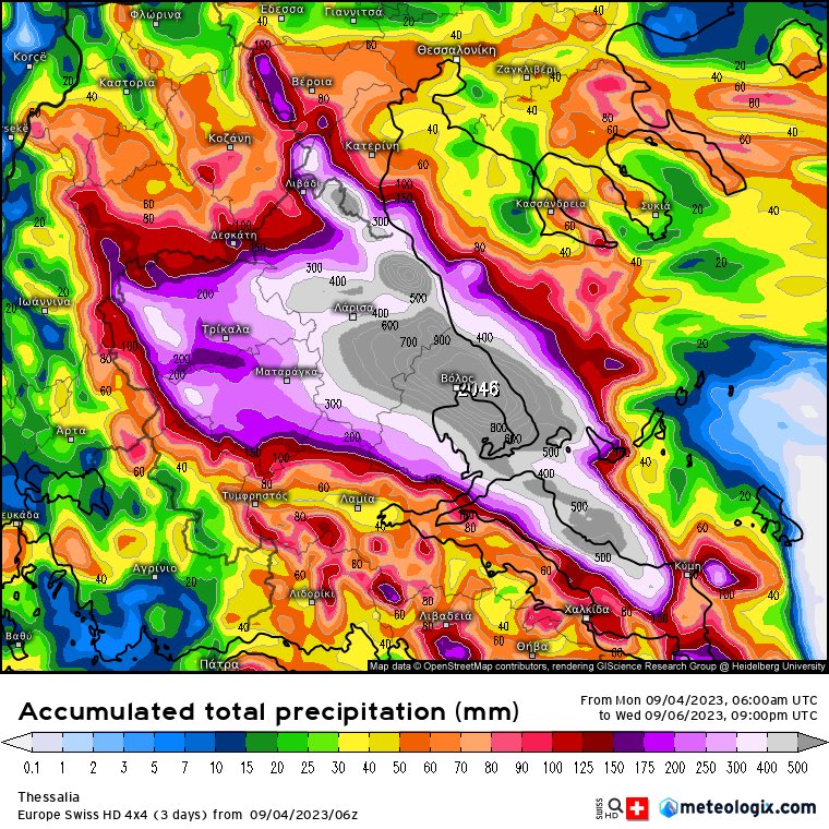 Qué barbaridad esta predicción para Grecia en las próximas 48 horas por una DANA (con reflejo en superficie).

Se sale incluso de la escala por 4! Más de 2000 l/m2.

No sé hasta que punto esto es insólito en una predicción.