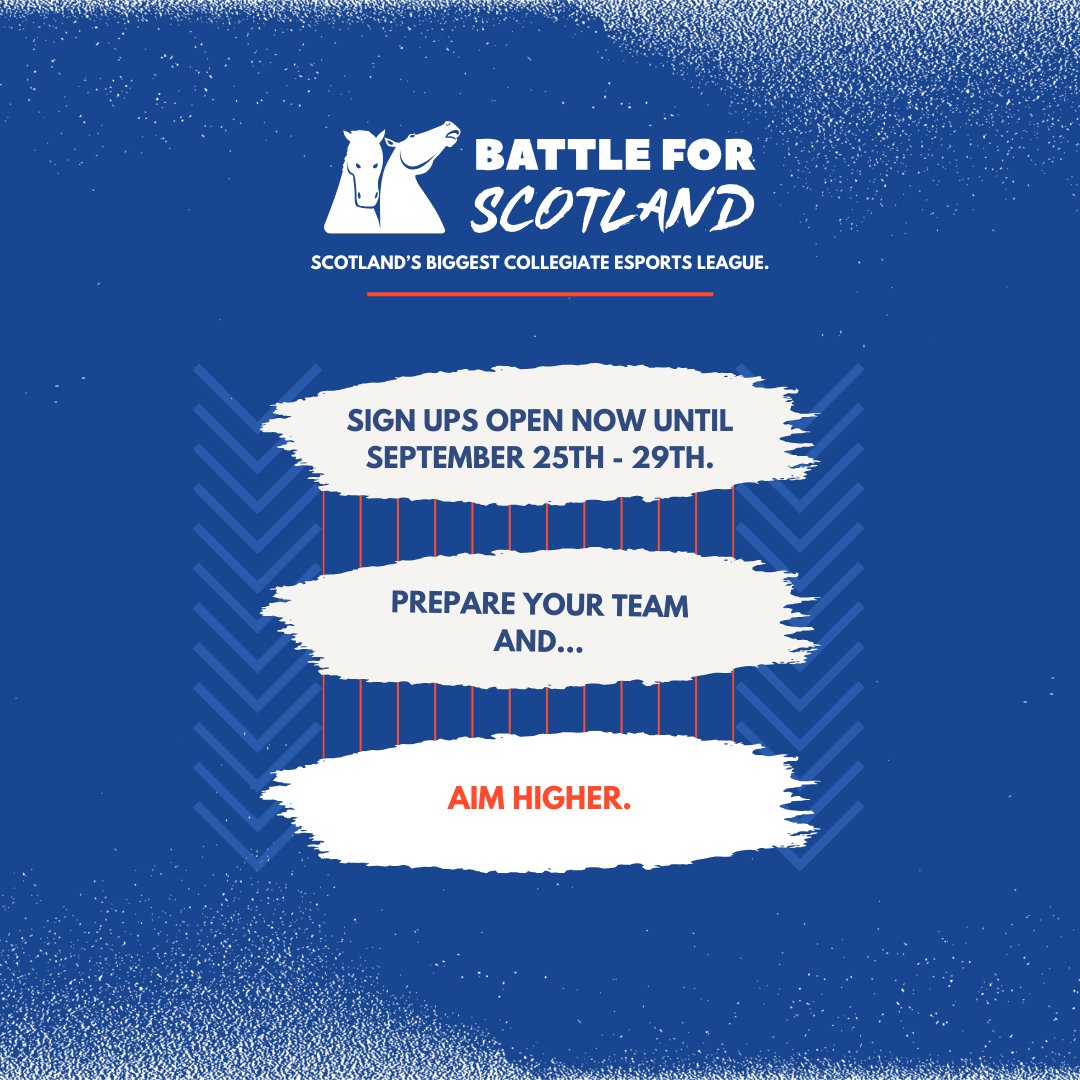 BattleForScot's tweet image. 🏴󠁧󠁢󠁳󠁣󠁴󠁿READY TO AIM HIGHER?🏴󠁧󠁢󠁳󠁣󠁴󠁿

Battle For Scotland is Scotland's biggest collegiate esports league.

15 universities &amp;amp; 13 colleges from across the country battle it out to be Scotlands best.

HAVE WHAT IT TAKES?

Sign ups are OPEN NOW. Speak to your committee or send us a DM.

#BFS 🏴󠁧󠁢󠁳󠁣󠁴󠁿