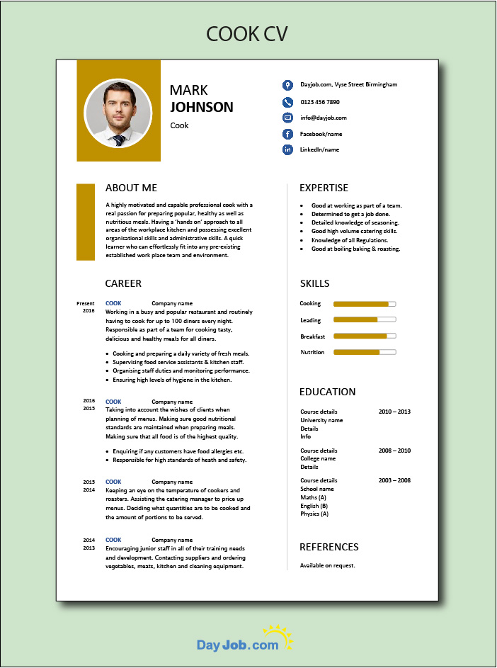 In a Cook CV show you're a capable professional who can work in a busy environment & cook tasty meals. You can get this Cook CV template for free here: dayjob.com/free-cook-cv-t… #cook #cookjobs #cookvacancy #restaurantjobs #cookvacancy #chefjobs #chefvacancy #CV #templates #resume