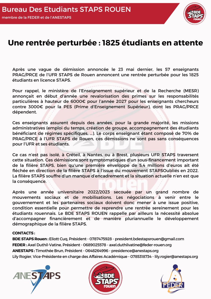 [#Rentrée2023]
🚨Une rentrée perturbée, à Rouen c’est 1825 étudiants dans l’attente. 
Les conditions de travail déplorables du corps enseignants impactent directement les rentrées de l’ensemble des licences #STAPS. 

Nous déplorons le manque de financement de notre filière ! ⚪️🔴