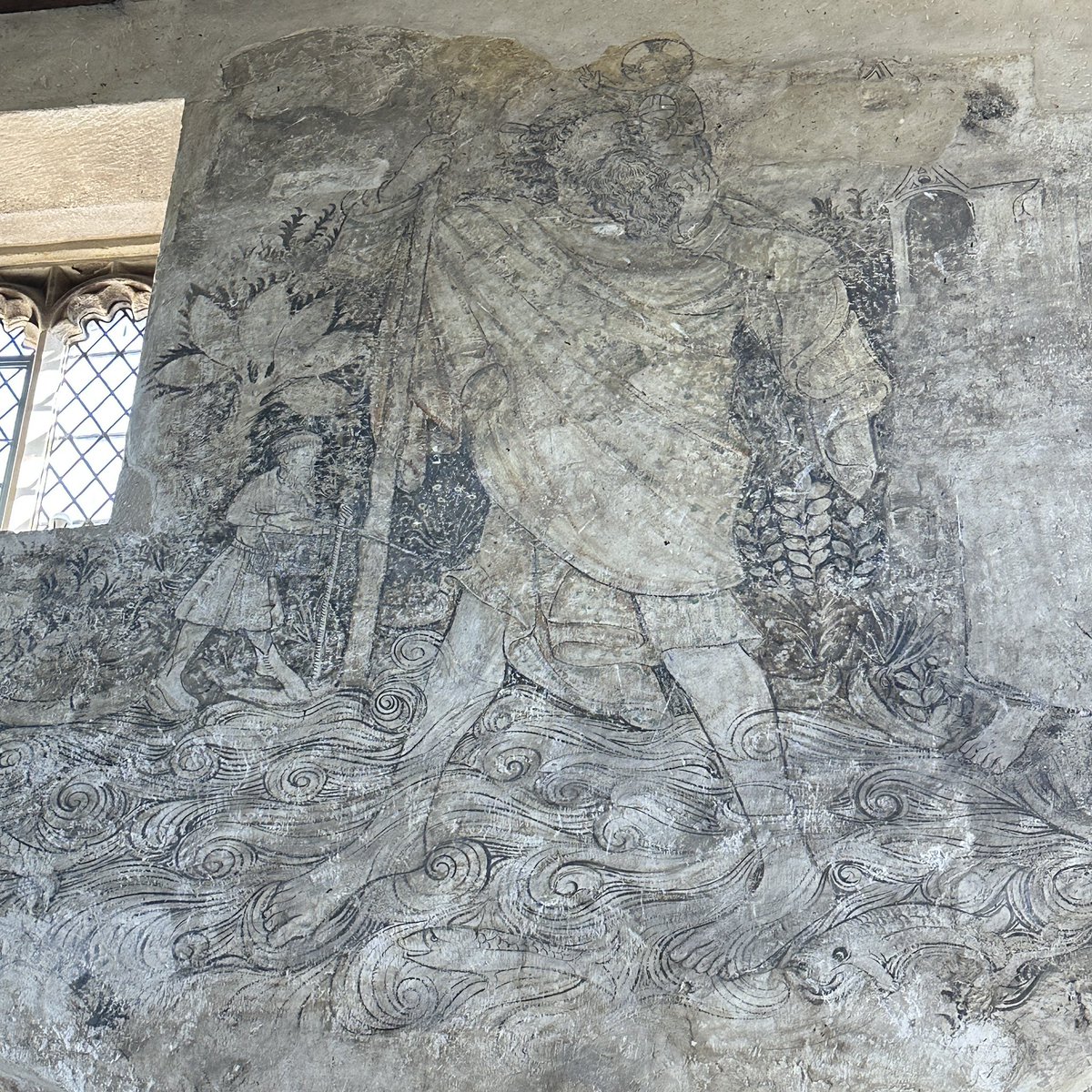 15th century wall painting of St Christopher in the chapel at Haddon Hall, Derbyshire 

#SeptemberSaints 
#medieval #wallpainting
