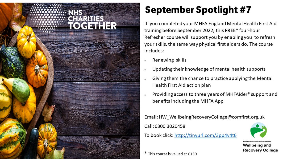 Refresh your Mental Health First Aid skills and gain access to the new benefits. Friday 22nd September 9am – 1pm at PYPLC, Worcester.  Limited places available.
If you live or work in Herefordshire or Worcestershire click here to book: tinyurl.com/3pp4v4t6