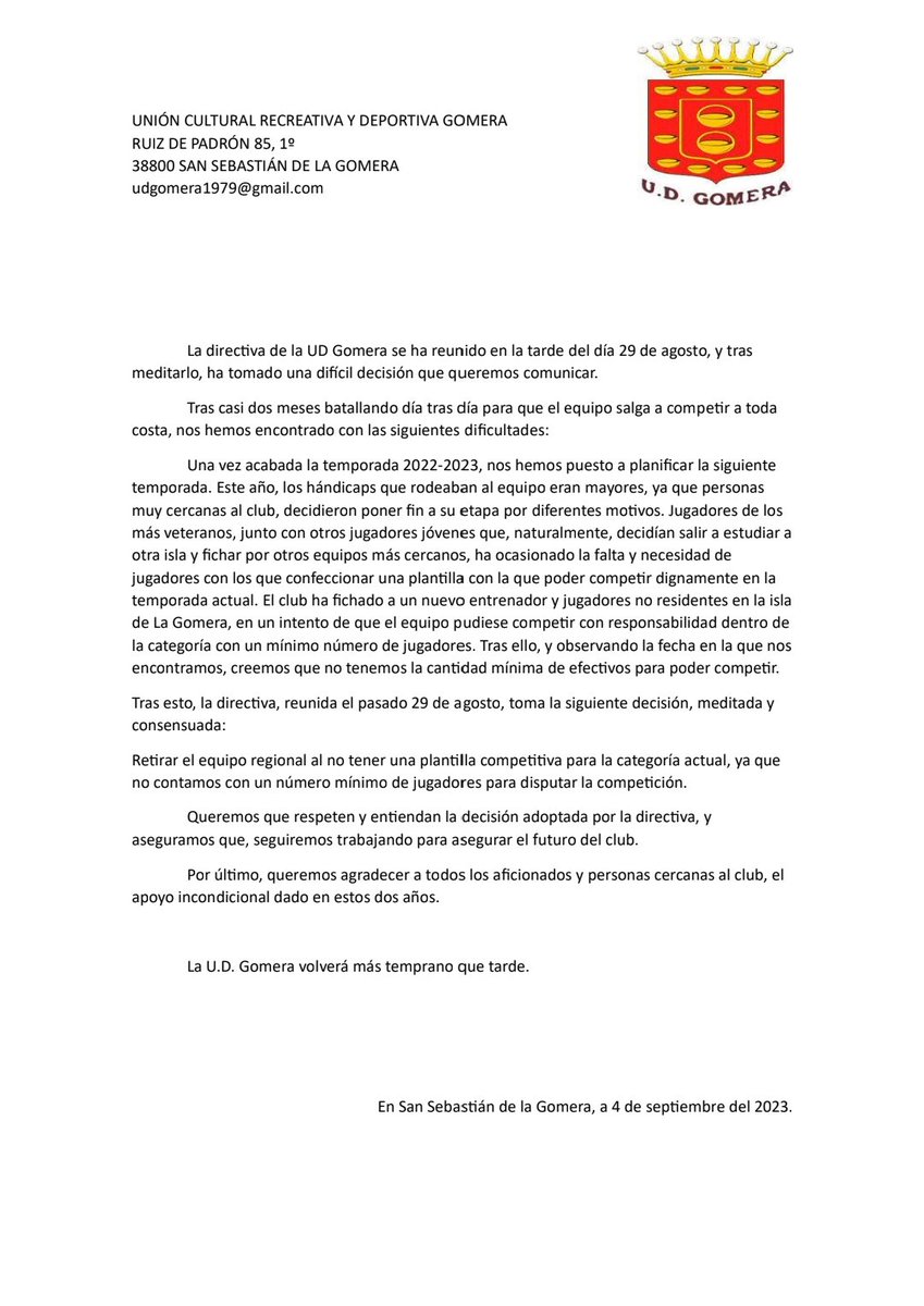 UDGomera1979's tweet photo. 📢 COMUNICADO OFICIAL: https://t.co/0CEdXRsJJO