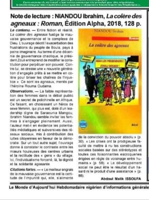 IyoNoma's tweet photo. Mon roman, "La colère des agneaux " (Édition Alfa, 2018), est dans le journal"Le Monde d'aujourd'hui "... La colère du bas-peuple, plus que jamais d'actualité !!! https://t.co/4vBOrzAug6