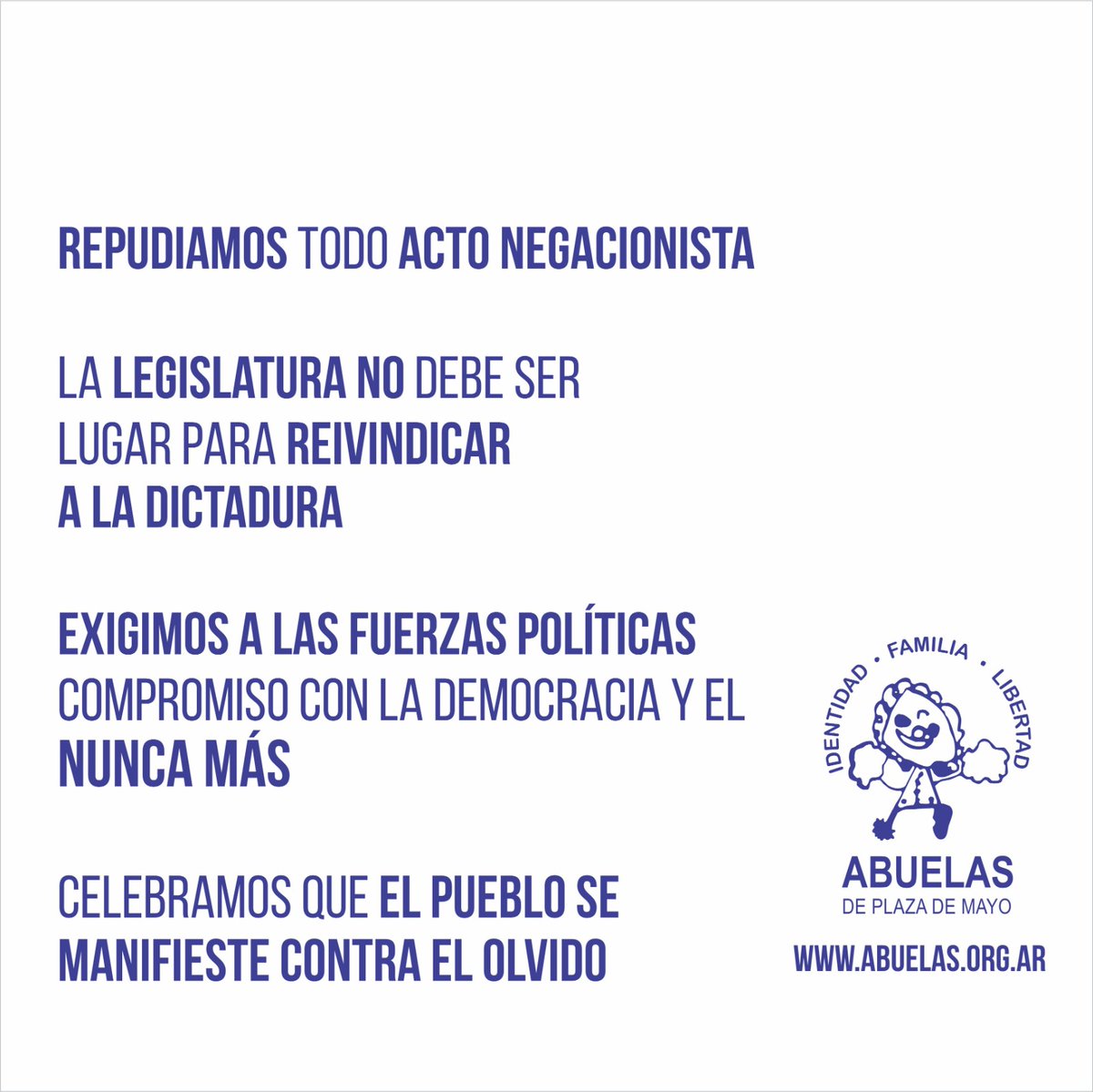 abuelasdifusion's tweet image. ✔️Repudiamos todo acto negacionista.
✔️La Legislatura no debe ser lugar para reivindicar a la dictadura.
✔️Exigimos a las fuerzas políticas compromiso con la democracia y el Nunca Más.
✔️Celebramos que el pueblo se manifieste contra el olvido.