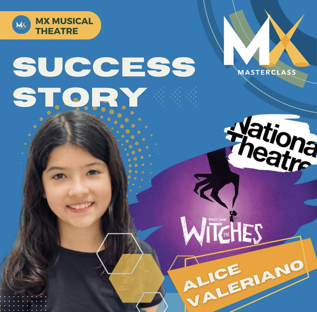MXMasterclass's tweet photo. We are so proud of Emmy ALICE VALERIANO who is joining the cast of THE WITCHES at the NATIONAL THEATRE!!๐งโโ๏ธ๐ช๐ฎ Hard work, talent and kindness. Congratulations Alice, we cannot wait to see you shine!!๐ฎโก๏ธ๐ #studentsuccess #mxm #mxmasterclass #nationaltheatre #thewitches #westend https://t.co/I8GxlLzu91