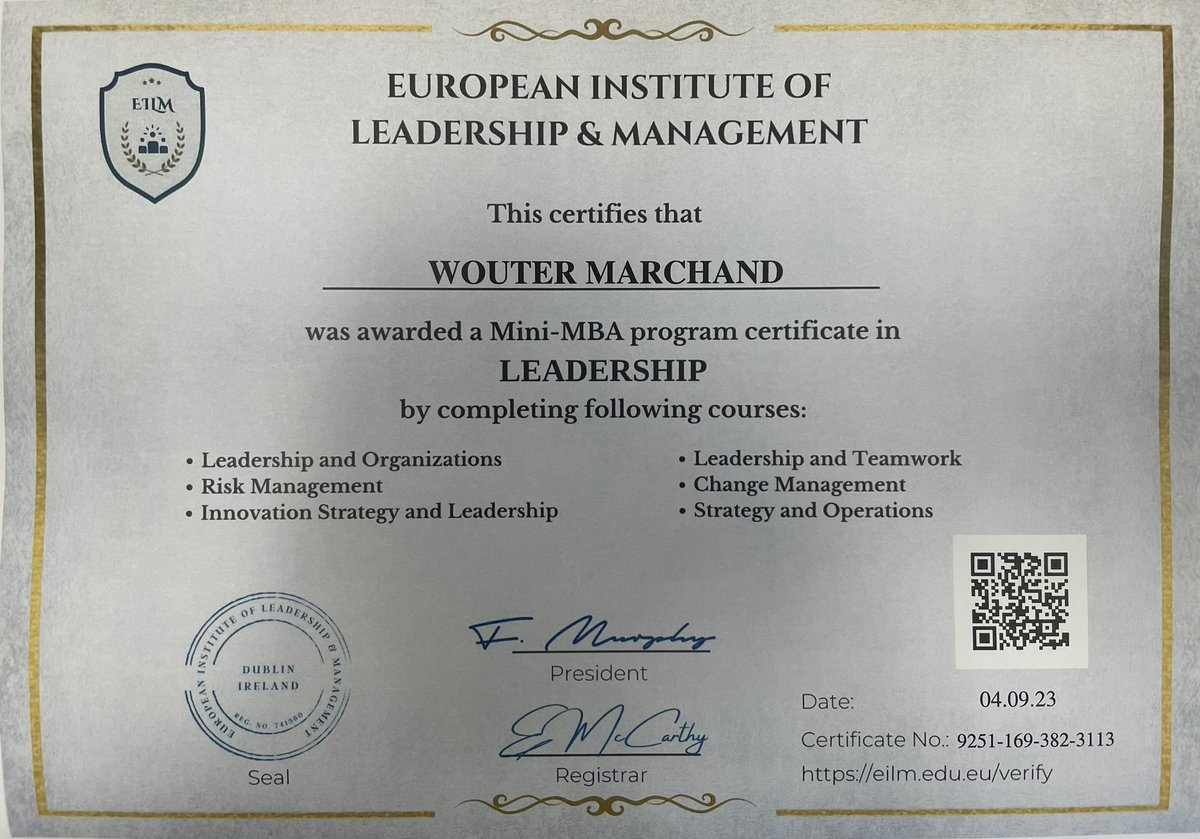 Vandaag opleiding afgewerkt voor Certificaat Mini-MBA LEADERSHIP van het European Institute of Leadership and Management met 6 onderwerpen….
#topzorg