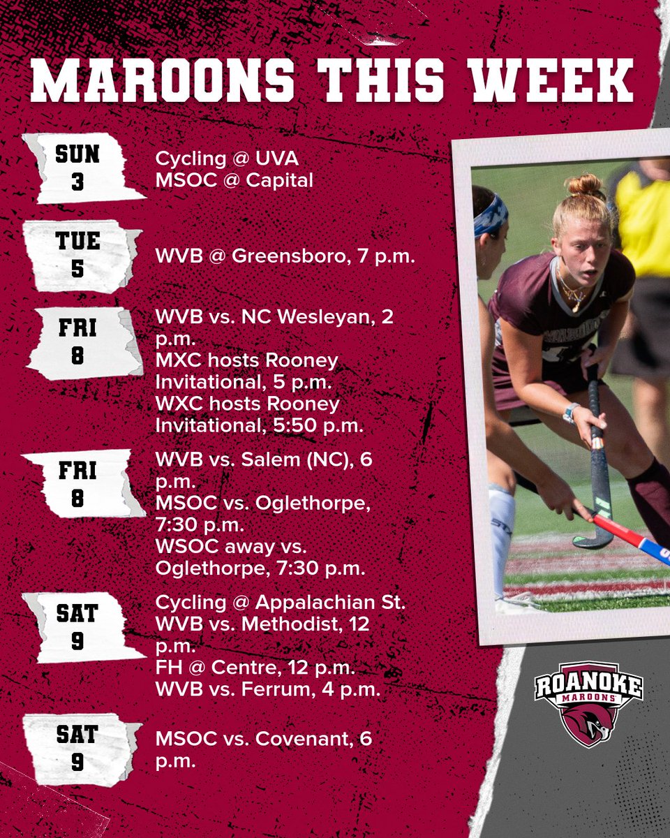 Roanoke Maroons (@rcmaroons) on Twitter photo Hey Maroon Fans! This week <a href="/RoanokeVB/">Roanoke College Women's Volleyball</a> <a href="/RoanokeMSoccer/">Roanoke Men's Soccer</a> and <a href="/Roanoke_TFXC/">Roanoke College Track & Field / Cross Country</a> all host invitationals. <a href="/RoanokeWomenSoc/">Roanoke Women Soccer</a> and <a href="/RoanokeFH/">Roanoke Field Hockey</a> both hit the road for the first time this week, and Cycling remains on the road! #GoNoke Hey Maroon Fans! This week <a href="/RoanokeVB/">Roanoke College Women's Volleyball</a> <a href="/RoanokeMSoccer/">Roanoke Men's Soccer</a> and <a href="/Roanoke_TFXC/">Roanoke College Track & Field / Cross Country</a> all host invitationals. <a href="/RoanokeWomenSoc/">Roanoke Women Soccer</a> and <a href="/RoanokeFH/">Roanoke Field Hockey</a> both hit the road for the first time this week, and Cycling remains on the road! #GoNoke