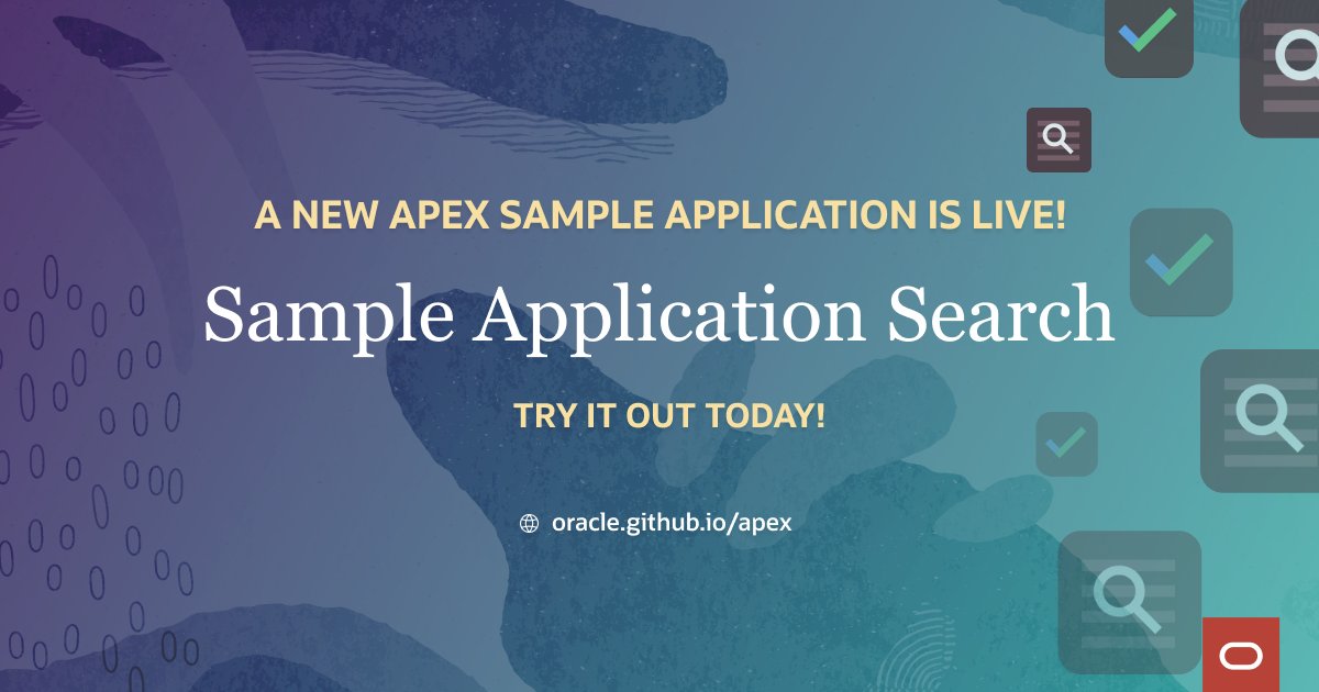 OracleAPEX's tweet photo. 🎉 We're thrilled to announce that the new Sample Application Search Sample app it's now available on 22.2 and 23.1!

▪️ One or Multiple Search Regions on a Page
▪️ Search on REST Data Source
▪️ Search using Oracle Text, and more!

Try it now: https://t.co/Ekj3IWXdH4

#orclAPEX https://t.co/N1nXRIpJuw