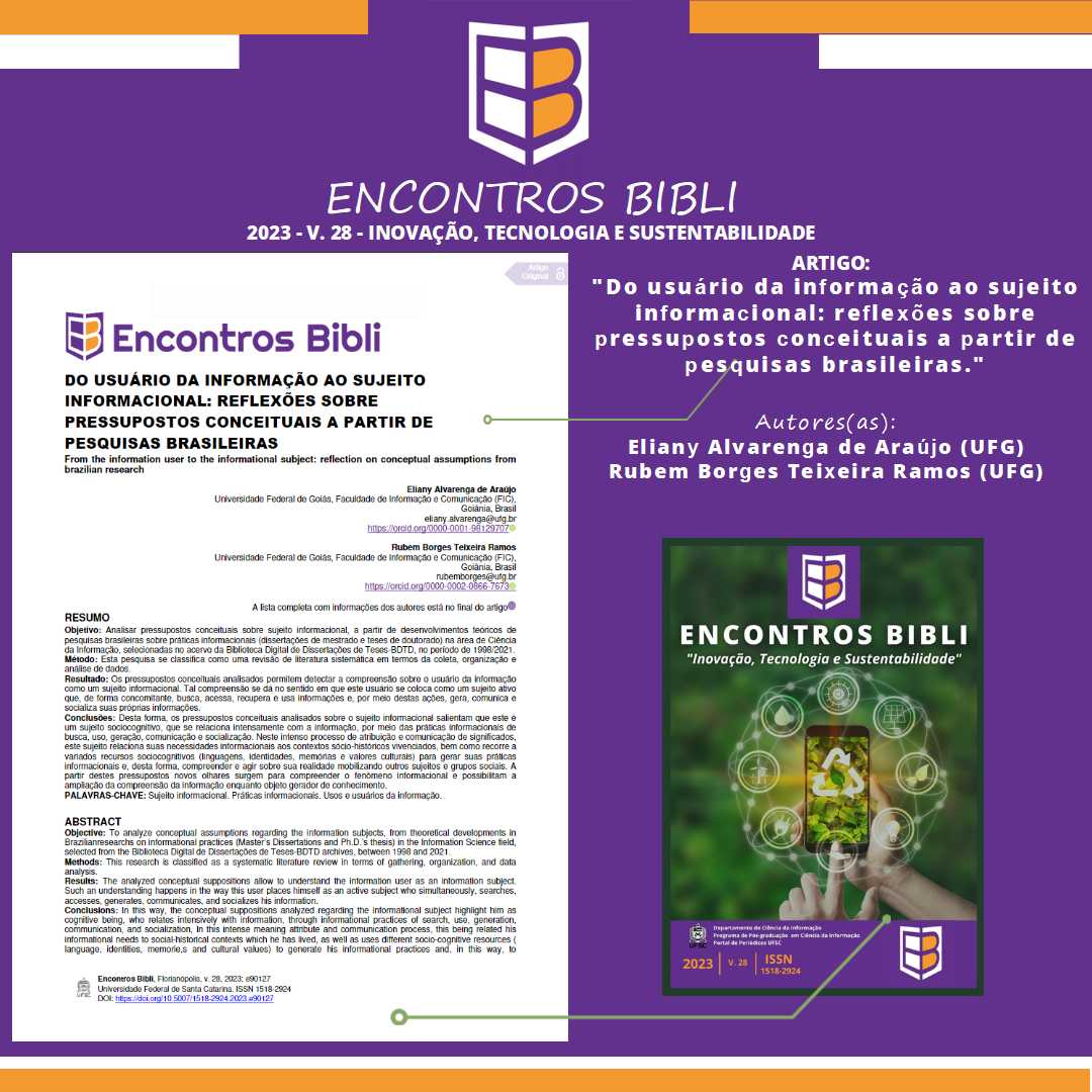 EncontrosBibli's tweet image. 📚Artigo: &quot;Do usuário da informação ao sujeito informacional: reflexões sobre pressupostos conceituais a partir de pesquisas brasileiras&quot;Link👉doi.org/10.5007/1518-2…, Autores: Eliany Alvarenga de Araújo (UFG), Rubem Borges Teixeira Ramos (UFG)
