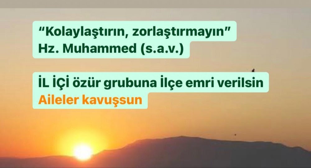 <a href="/Yusuf__Tekin/">Yusuf Tekin</a> #iLiciÖzreAileBirligi
Sn. Bakanım <a href="/Yusuf__Tekin/">Yusuf Tekin</a> İLİÇİ mazerete yıllardır başvurmamiza rağmen tayinimiz cikmamaktadir. Bizler de aileyiz bir mağduriyet yıllarca sürüyorsa burada bir sorun vardır. İl içi Ozre İLCE EMRI ISTIYORUZ. HAK VE ADALET istiyoruz
<a href="/tcmeb/">Millî Eğitim Bakanlığı</a> <a href="/mebpgm/">Personel Genel Müdürlüğü</a> <a href="/yilmaznazif/">Nazif Yılmaz</a>