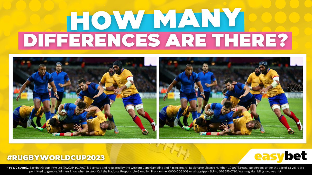 ⏳ Just 4 sleeps 'til Rugby World Cup, yellow army! ⏳ 

🕵️ While you wait, spot how many differences there are between the two pictures below! 

🏉 Get those brains in top shape before the Webb Ellis Cup action! Leave your answers below for a chance to score a R50 bonus bet from