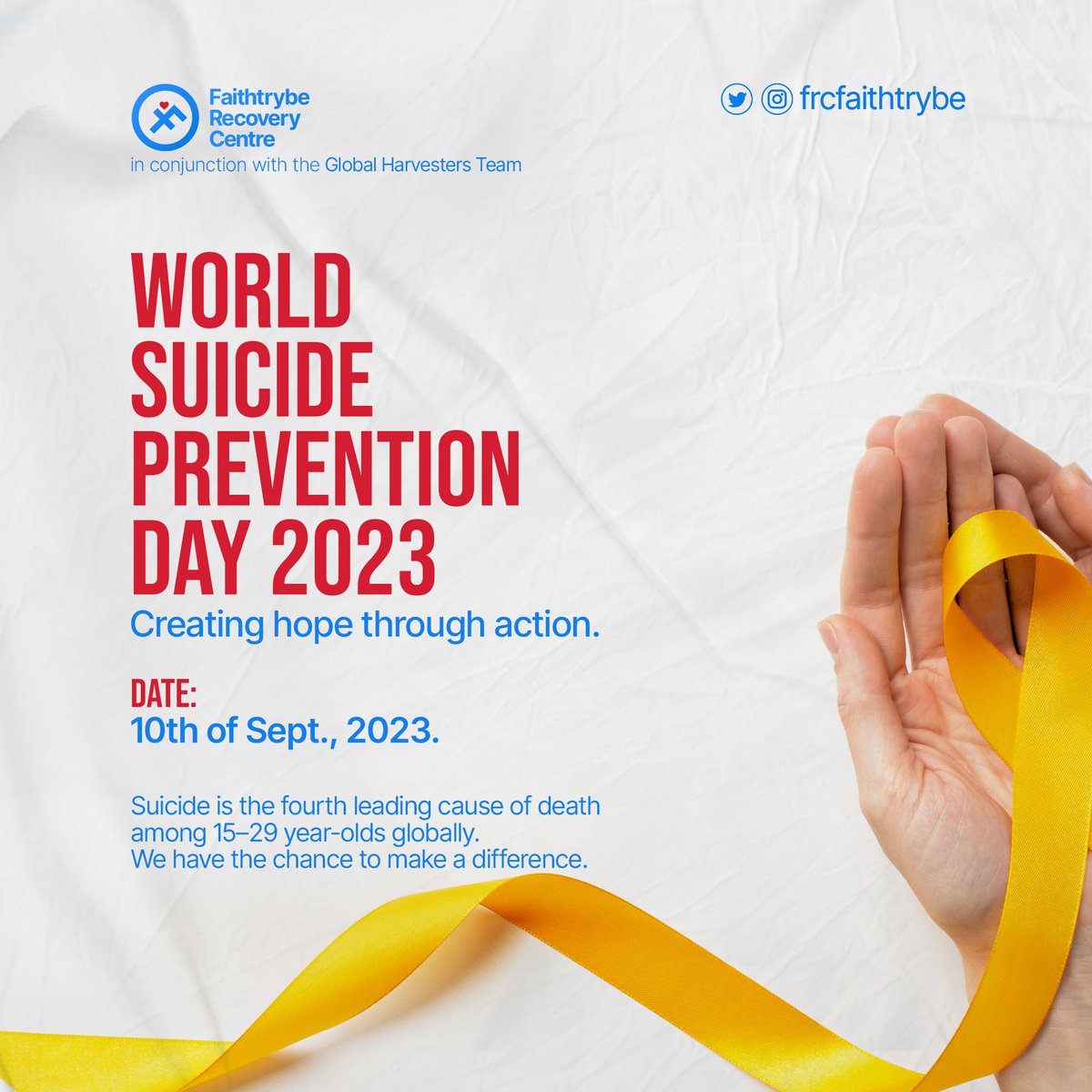 Join us on Sept 10 for #WorldSuicidePreventionDay 🌍 Let's unite, challenge stigma, and provide hope. Stay tuned for resources and ways to get involved. Together, we'll make a difference. #WSPD23 #CreatingHopeThroughAction #FRCCares #SuicidePreventionAwarenessMonth