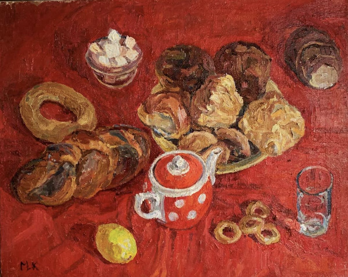 Tea time. Maya Kopitseva. 1924. No Jewish New Year would be complete without a honey cake. You can find my recipe for a Polish Jewish honey cake on instagram.com/paolagavin and in my book Hazana: Jewish Vegetarian Cooking #artandfood #jewishfood #stilllifepainting #cake #honeycake