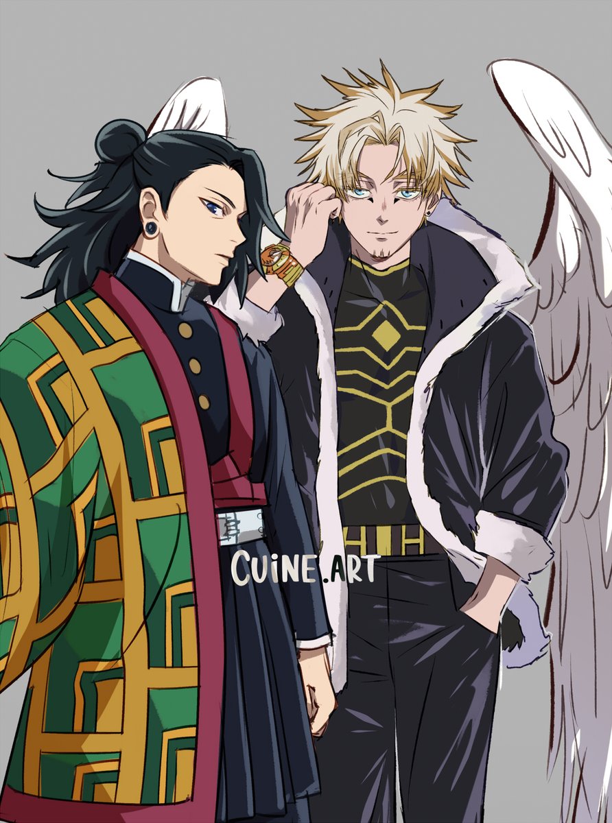 No new art, I just wanted to put them together 🙆 

I didn't draw those at the same time, so the proportions between them don't match perfectly. Anyway! Fusion of characters that share the same voice: #Hawks #GojoSatoru and #GetoSuguru  #giyuutomioka