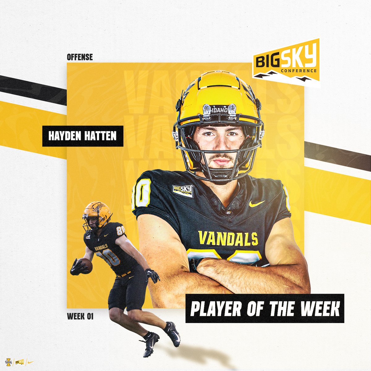 VandalFootball's tweet photo. .@Hayden_Hatten88 caught two touchdowns and threw for another to earn @BigSkyConf Player of the Week honors!

https://t.co/5ORcwLL1qc

#GoVandals https://t.co/w0UuxPmpeV