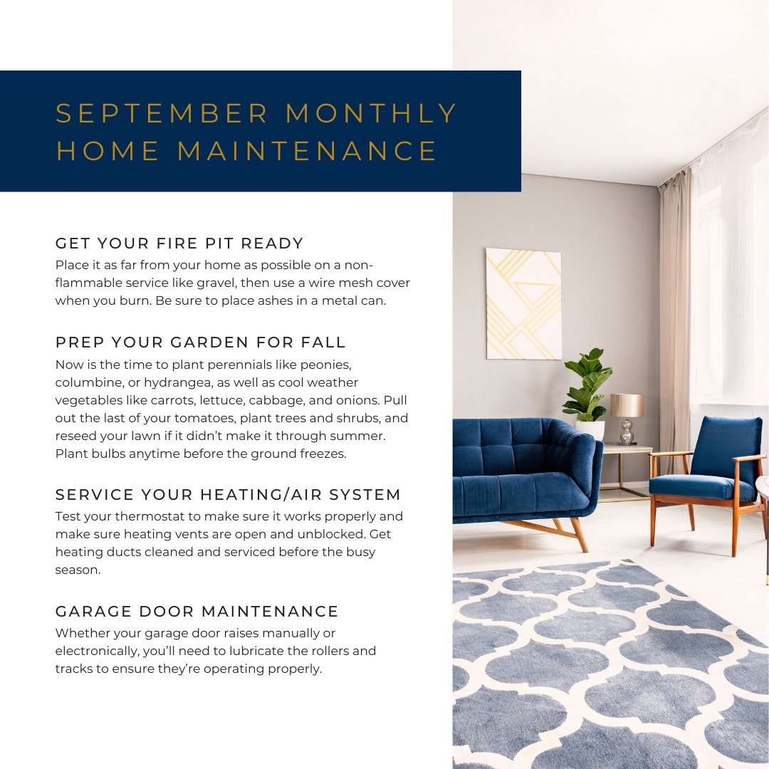 homes_ok's tweet photo. Home Maintenance Tips for September 🍂

🔥 Get your fire pit ready
🌱 Prep your garden for fall
❄️ Service your heating system
🚪 Garage door maintenance

#HomeMaintenance #FallPreparation #RealEstateAgent #AutumnVibes #CozyNights https://t.co/XLjHVcDm06