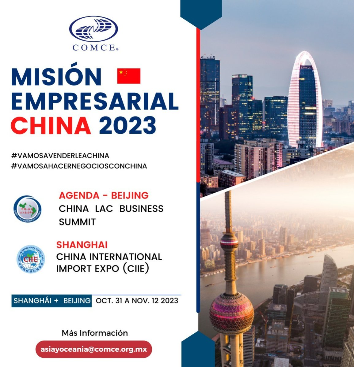 ComceOficial's tweet photo. 🇨🇳 Nos vamos a #venderle a #China
Eres #empresa #mexicana y quieres #exportar a China, participa en la #Misión de #Negocios del #COMCE
⚠️ Últimos lugares⚠️
🗓️Noviembre 2023
Información y registro📩asiayoceania@comce.org.mx
Pabellón México CIIE
Modalidad individual y grupal https://t.co/6VWEyN2w1d