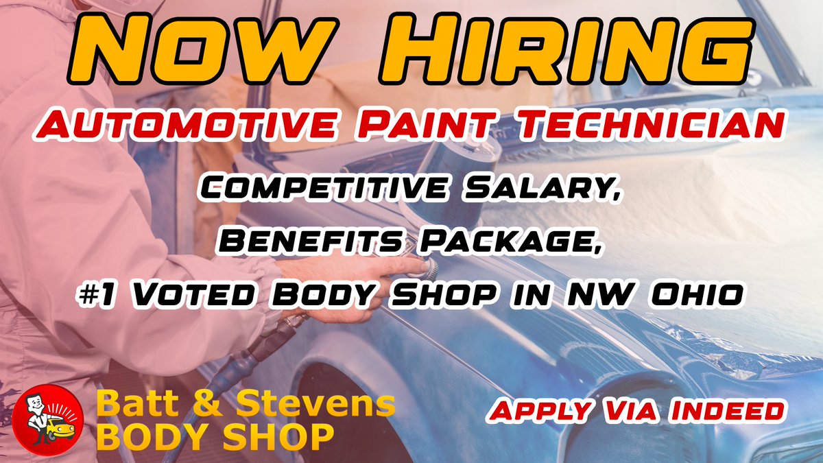 𝐇𝐈𝐑𝐈𝐍𝐆 𝐏𝐀𝐈𝐍𝐓 𝐓𝐄𝐂𝐇
➡️Batt &amp; Stevens Body Shop is looking for an experienced automotive paint technician to join our team! Come work for the #1 VOTED body shop in NW Ohio!
➡️Apply via Indeed👇
💻: tinyurl.com/ms835ewm