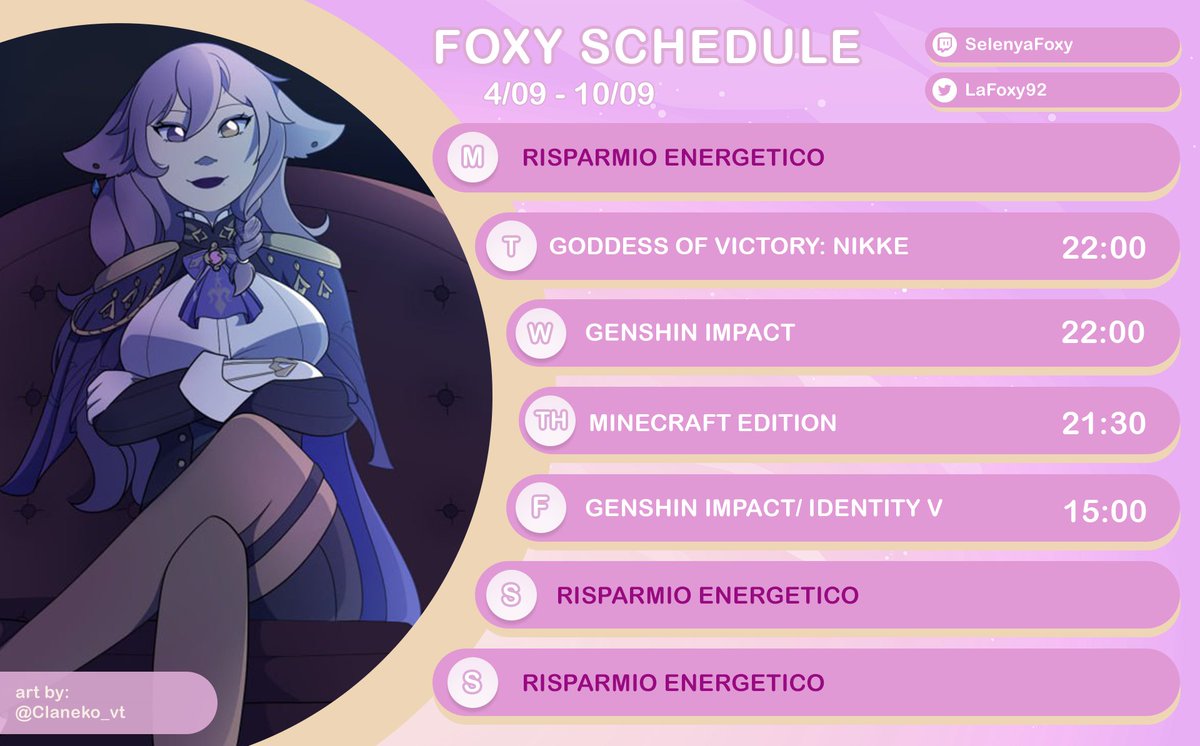 LaFoxy92's tweet photo. 💜 Schedule in entrata 💜

Vi aspetto numerosi!

#Vtuber #itavtuber #foxyna #twitchitalia https://t.co/WqNmWwamBE