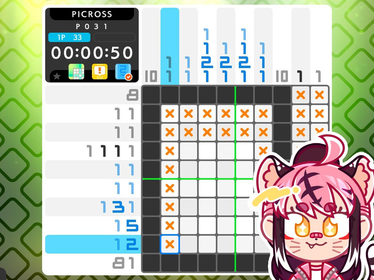 kturpieVT's tweet image. Picross my heart and hope to die

Picross S4! We&apos;re checking boxes our bodies can&apos;t cash

LIVE🔴 at twitch.tv/kturpie!

#picross #nonogram #pngtuber