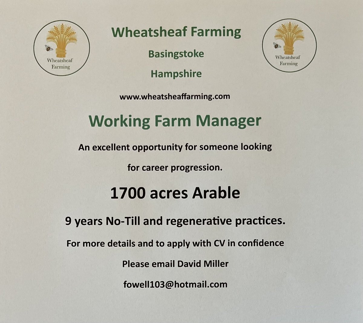 An exciting opportunity for the right person. Please share. ⁦<a href="/clubhectare2211/">#clubhectare ©️ 14:2:2012</a>⁩