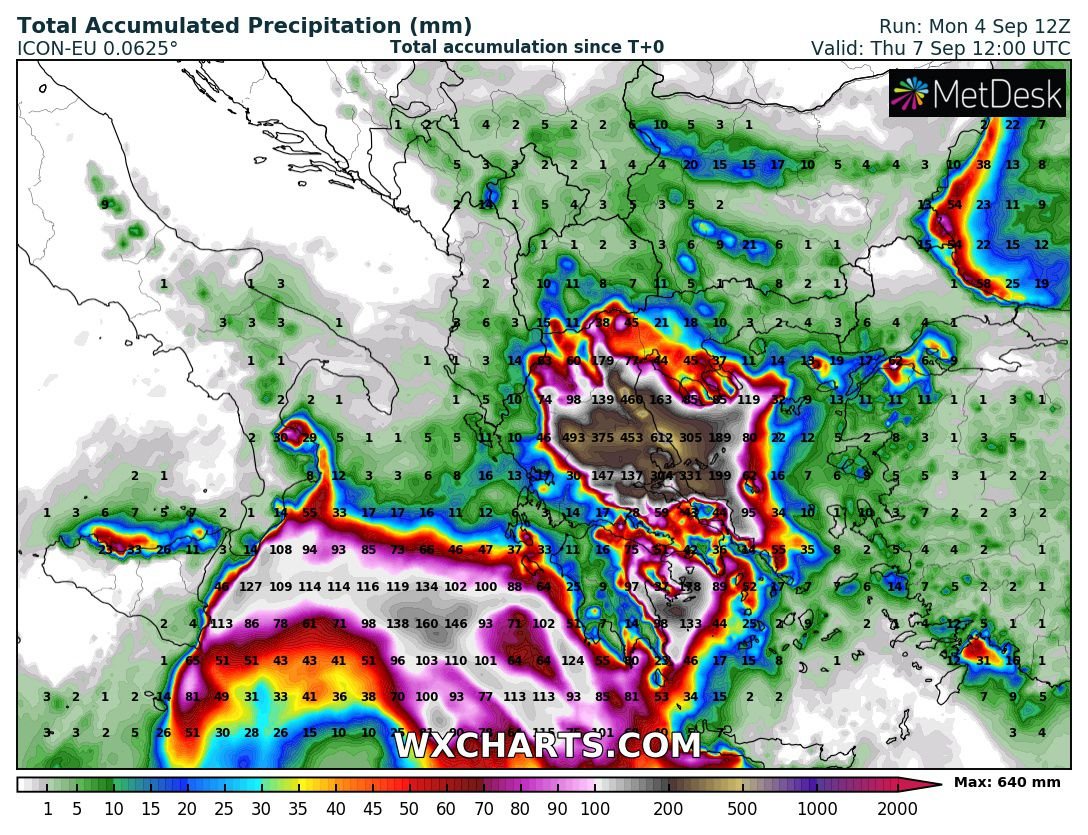 Sausius_wx's tweet image. Very concerning #rain totals are anticipated in parts of Greece over the next 3 days. Based on available guidance maximum totals of up to 500 mm seem plausible and 1000 possible. Life-threatening #flooding and #mudslides would certainly ensue in the worst hit areas. #EUwx