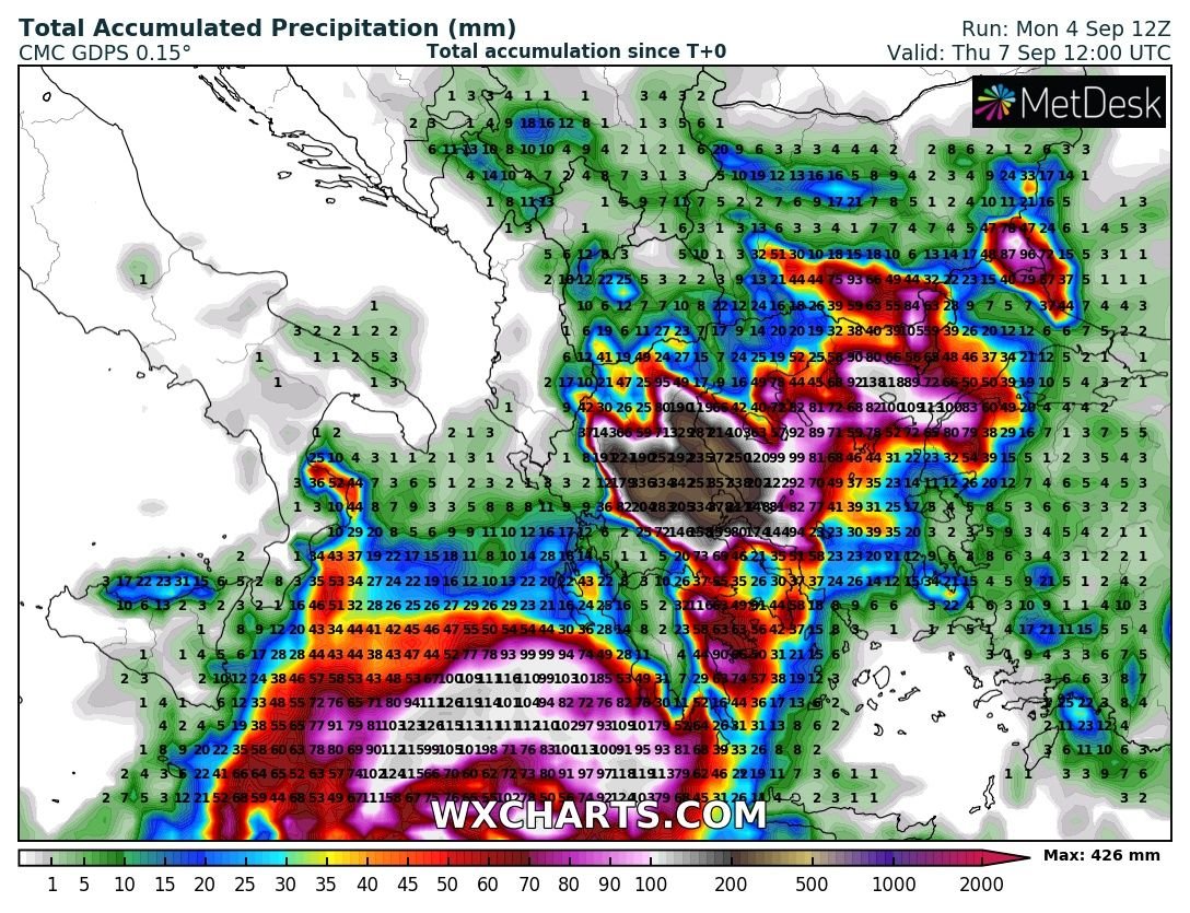 Sausius_wx's tweet image. Very concerning #rain totals are anticipated in parts of Greece over the next 3 days. Based on available guidance maximum totals of up to 500 mm seem plausible and 1000 possible. Life-threatening #flooding and #mudslides would certainly ensue in the worst hit areas. #EUwx