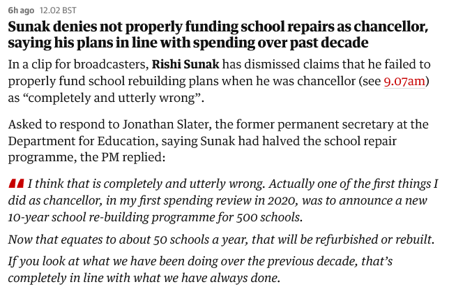 A lot to unpick here. Rishi Sunak manages to be wrong on so many levels simultaneously...

1) Sunak told us this morning that there are around 22,000 schools. At his admitted pace of repairs of 50 schools a year, that's 440 years to refurbish them all. How can he possibly think