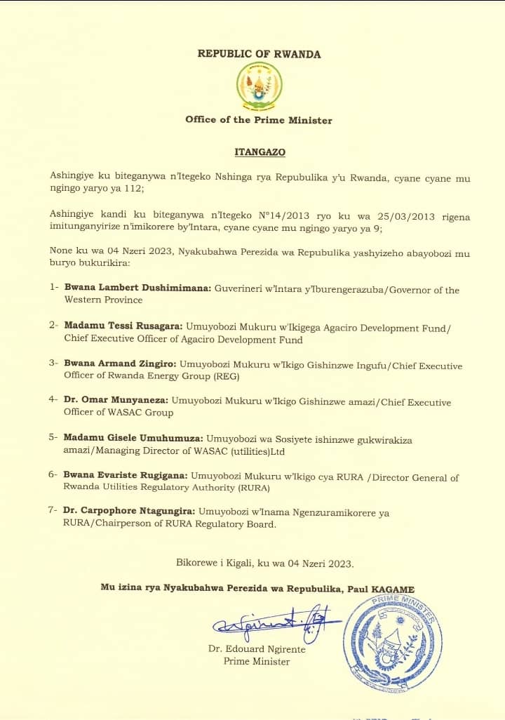 Mamaurwagasabo1's tweet image. Perezida #Kagame yakoze impinduka mu nzego zimwe na zimwe, ashyiraho abayobozi na Guverineri usimbuye Habitegeko Francois.

#WASAC yakozwemo ibigo bibiri

@RwandaLocalGov @CityofKigali @wasac_rwanda @RwandaTrade @RwandaWest @AgaciroFund @RURA_RWANDA @reg_rwanda